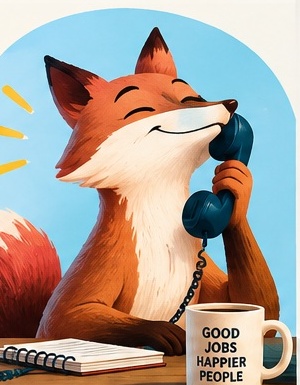 Friendly Sunday Fox mascot answering a telephone